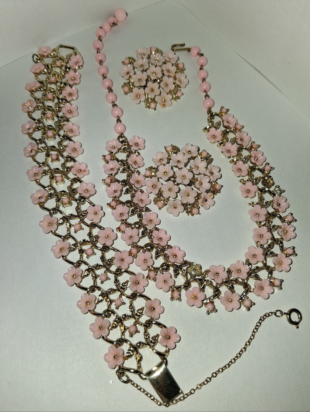 Coro Demi Set Gold-Tone Necklace, Bracelet & Earrings with Pink Floral Accents